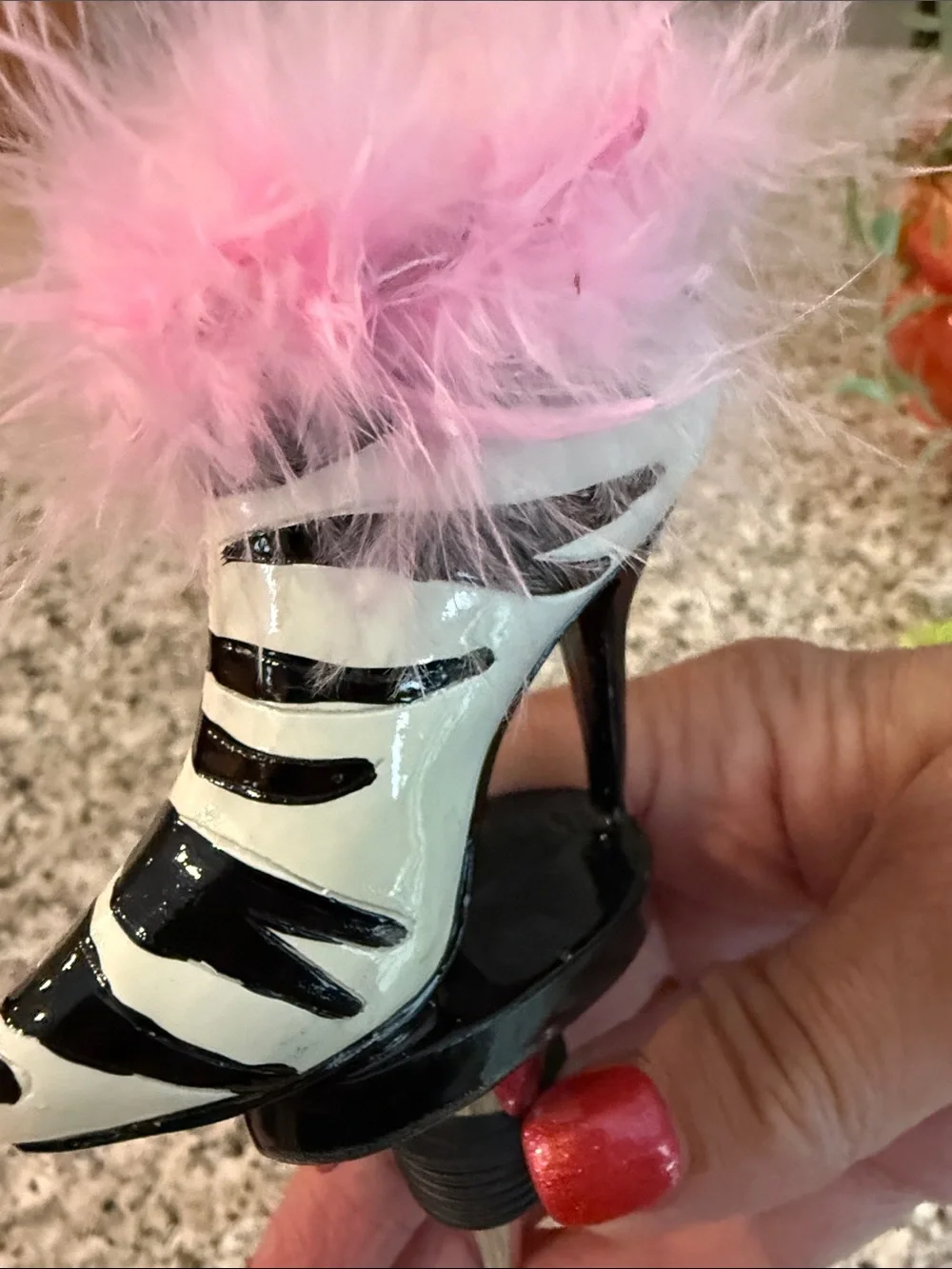 Decorative Zebra High Heel Wine Stopper with Pink Feather Trim